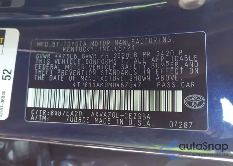 2021 Toyota Camry Se z USA, uszkodzony, nr VIN 4T1G11AK0MU467947